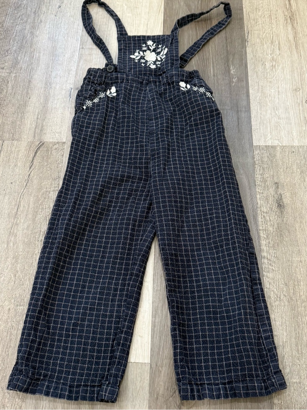 Girls Navy Grid Embroidered Cotton Overalls